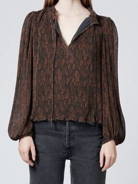 Ganni Brown and Black Printed V-Neck Balloon Sleeve Blouse